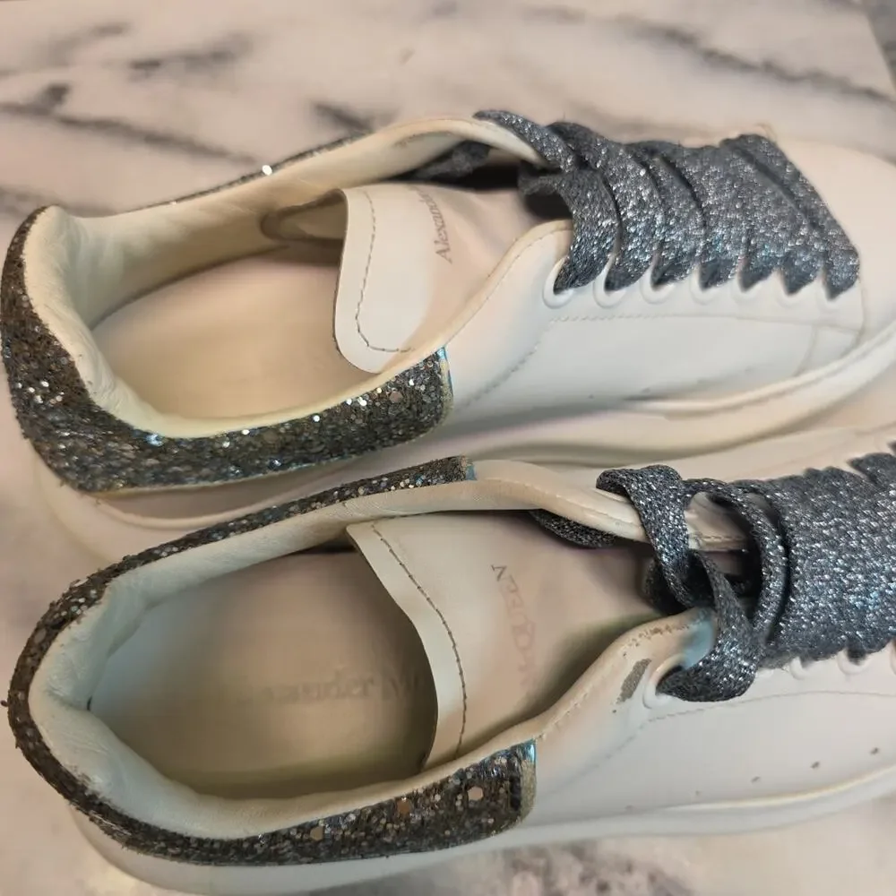 Alexander Mcqueen White Leather Sneaker Blue Galaxy Glitter Larry Women's Sz 7